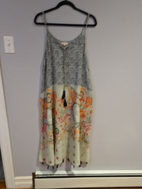 Boho Spaghetti Strap Maxi Dress in Blue and Cream with Orange Paisley Size M
